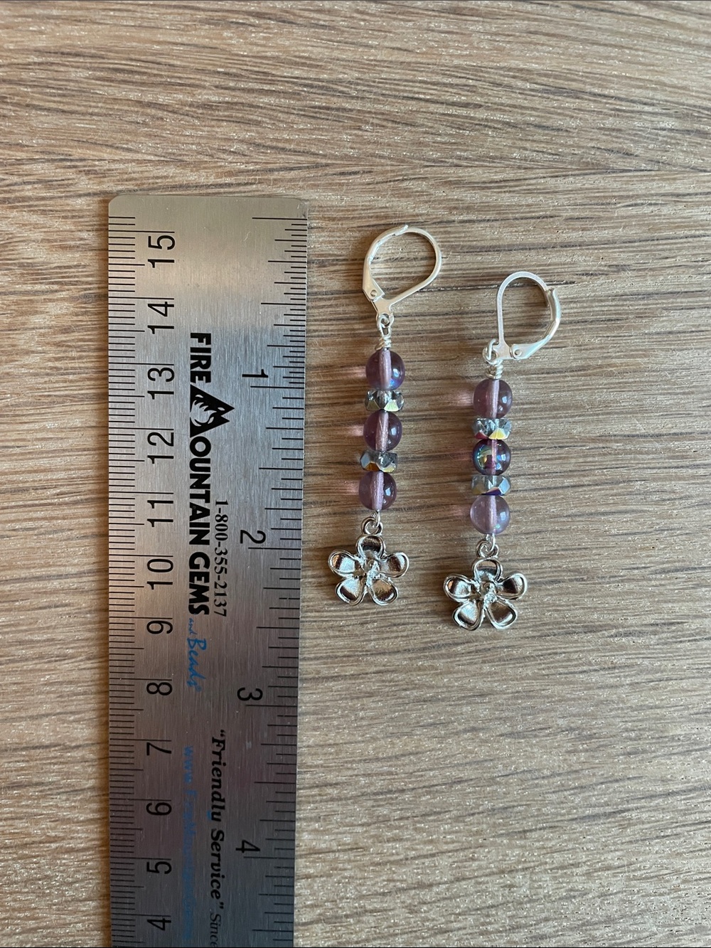 HAND CRAFTED PURPLE CZECH GLASS BEADED FLOWER DROP EARRINGS Silver Floral Dangle - Picture 8 of 9